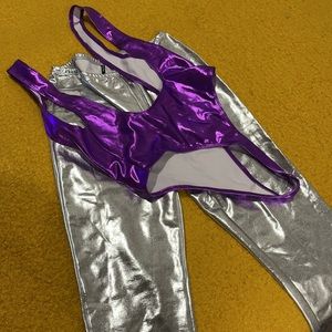 Brand NEW w tags- shiny purple leotard top w/ bright aluminum pants !!! Small